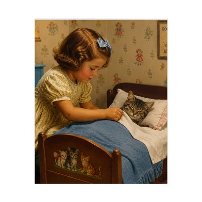 Vintage Nursery Poster — Girl Tucking Kitten into Bed (Rolled Poster)