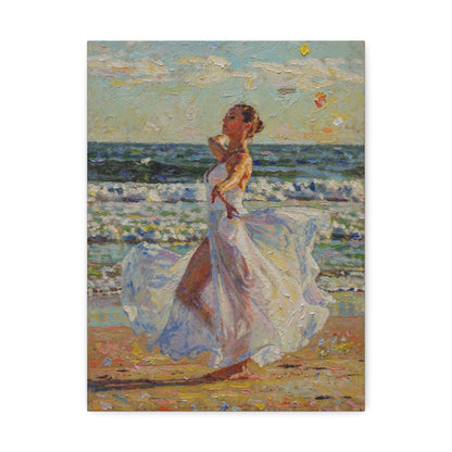 Beach Stroll Canvas Print — Woman in Flowing White Dress Seaside Wall Art