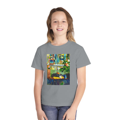 Youth Tee — Cozy Window Cat Print