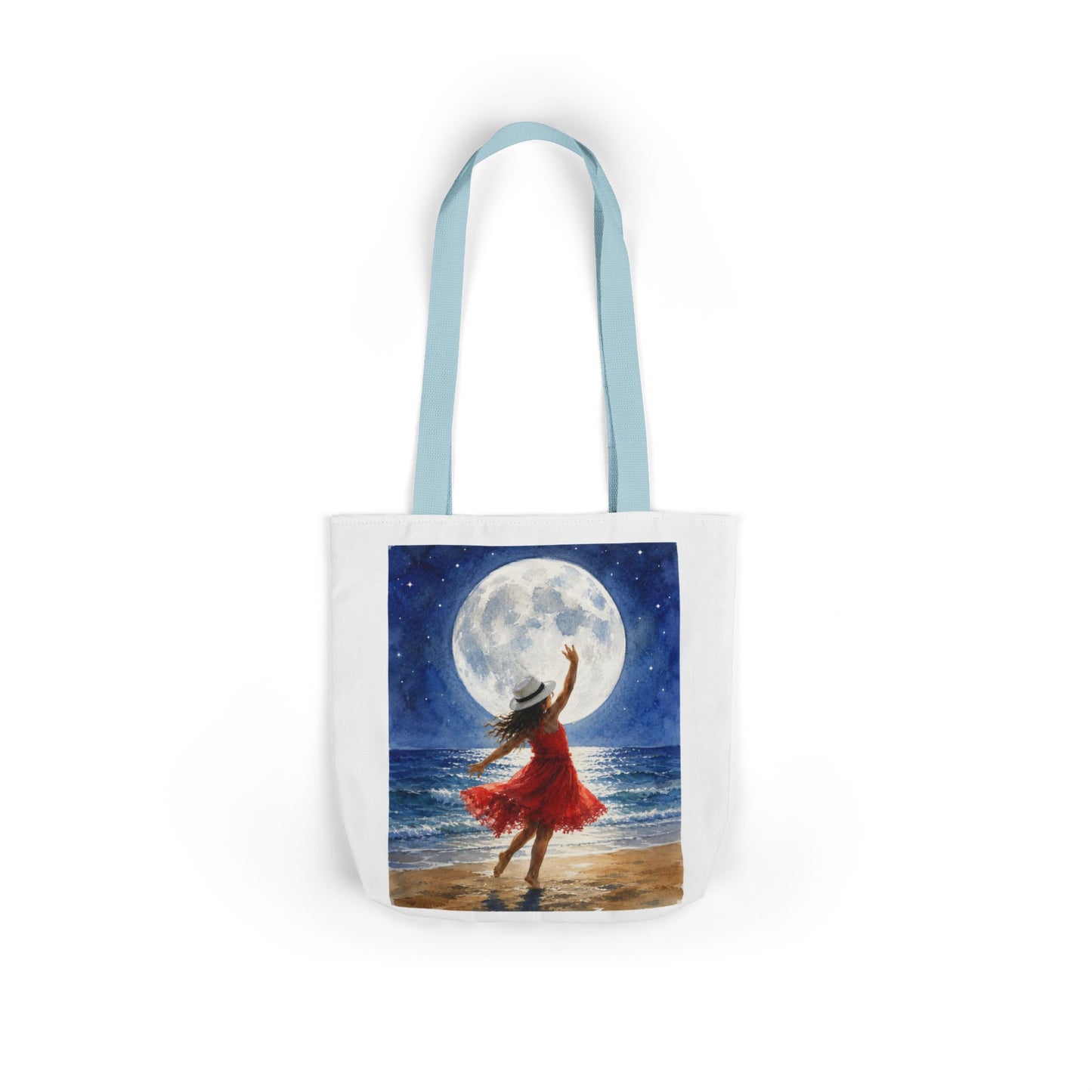 Moonlit Dance Canvas Tote Bag — Woman in Red Dress Beach Art Tote