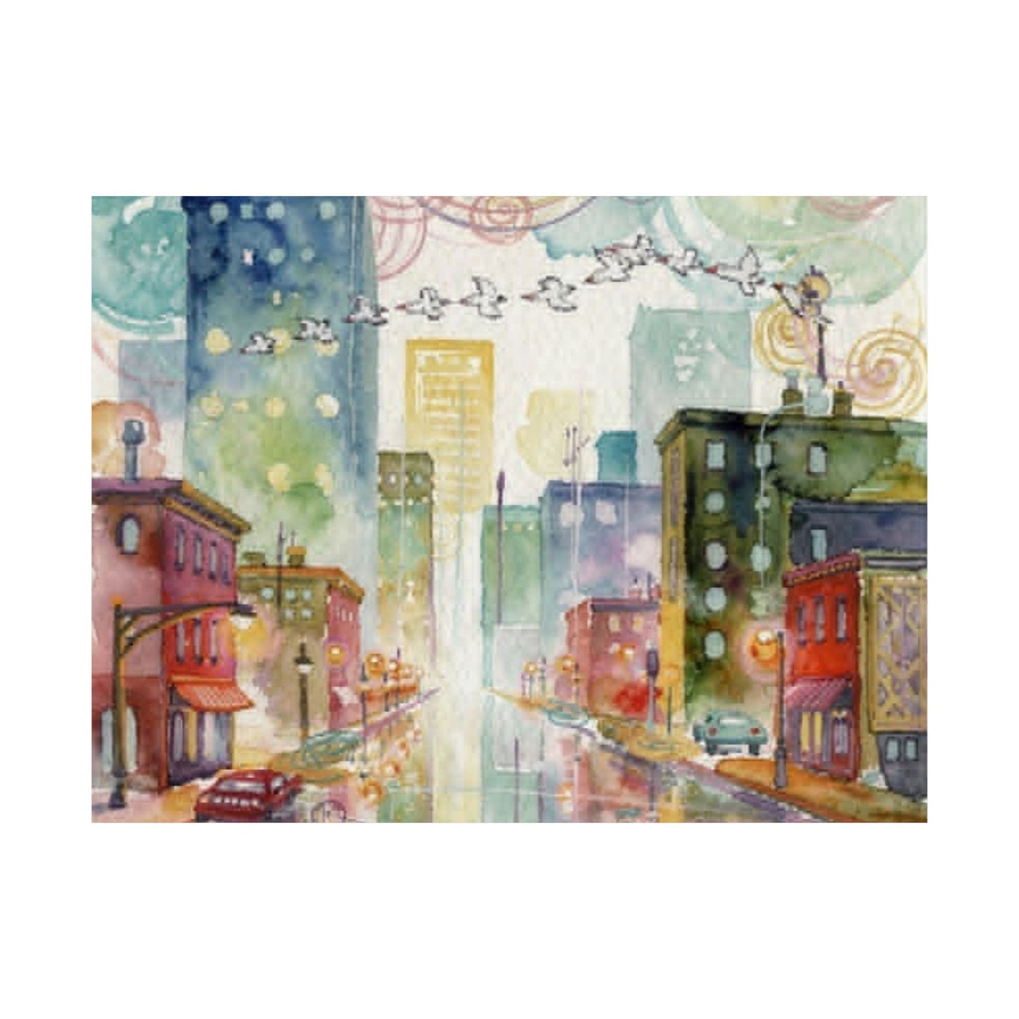 Watercolor Cityscape Matte Poster — Vibrant Urban Street Art Print