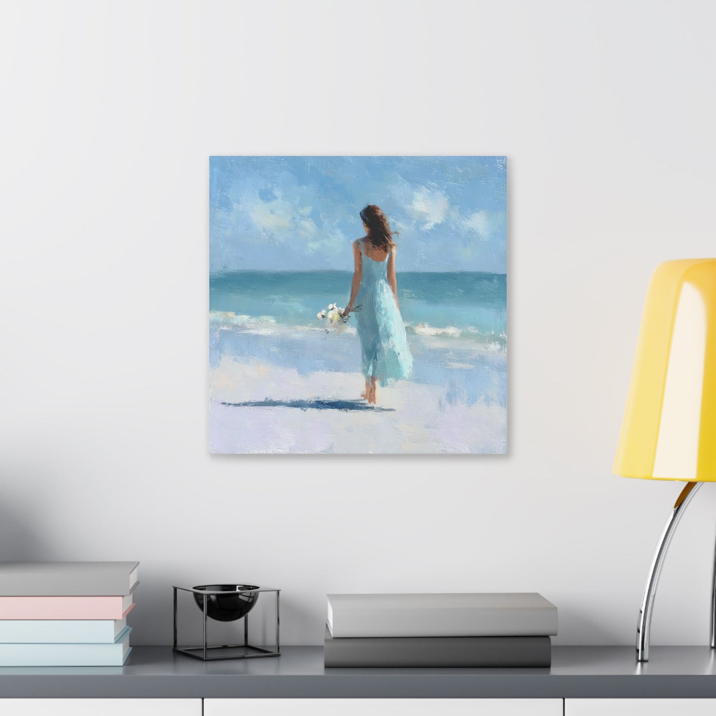 Coastal Serenity Canvas – Woman in Blue Beach Wall Art