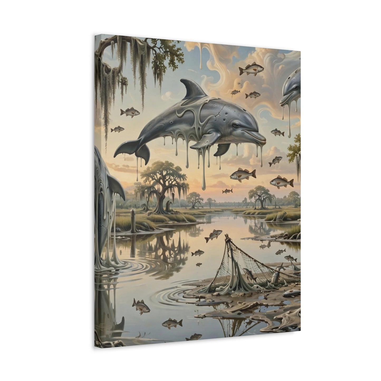 Surreal Dolphin Marsh Stretched Canvas – Dripping Sky Whales Art Print