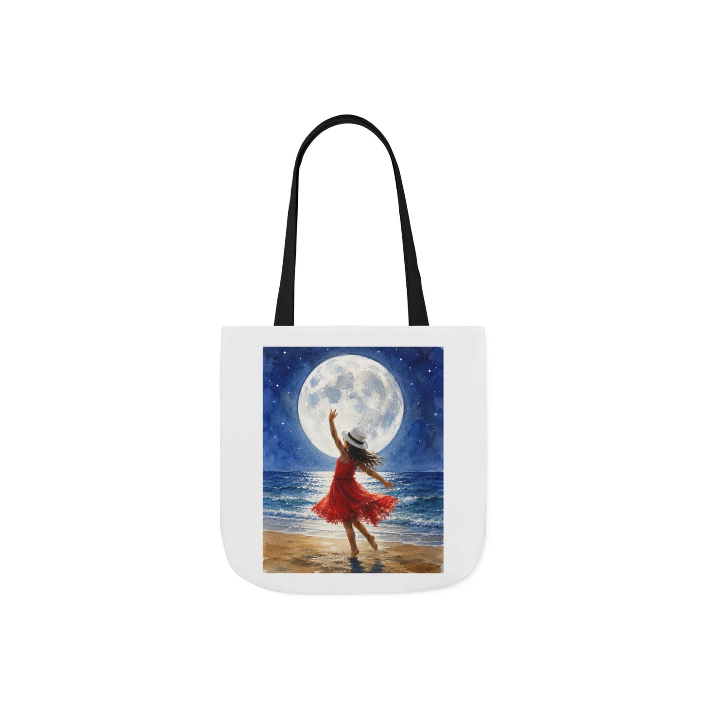 Moonlit Dance Canvas Tote Bag — Woman in Red Dress Beach Art Tote