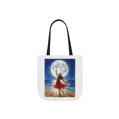 Moonlit Dance Canvas Tote Bag — Woman in Red Dress Beach Art Tote
