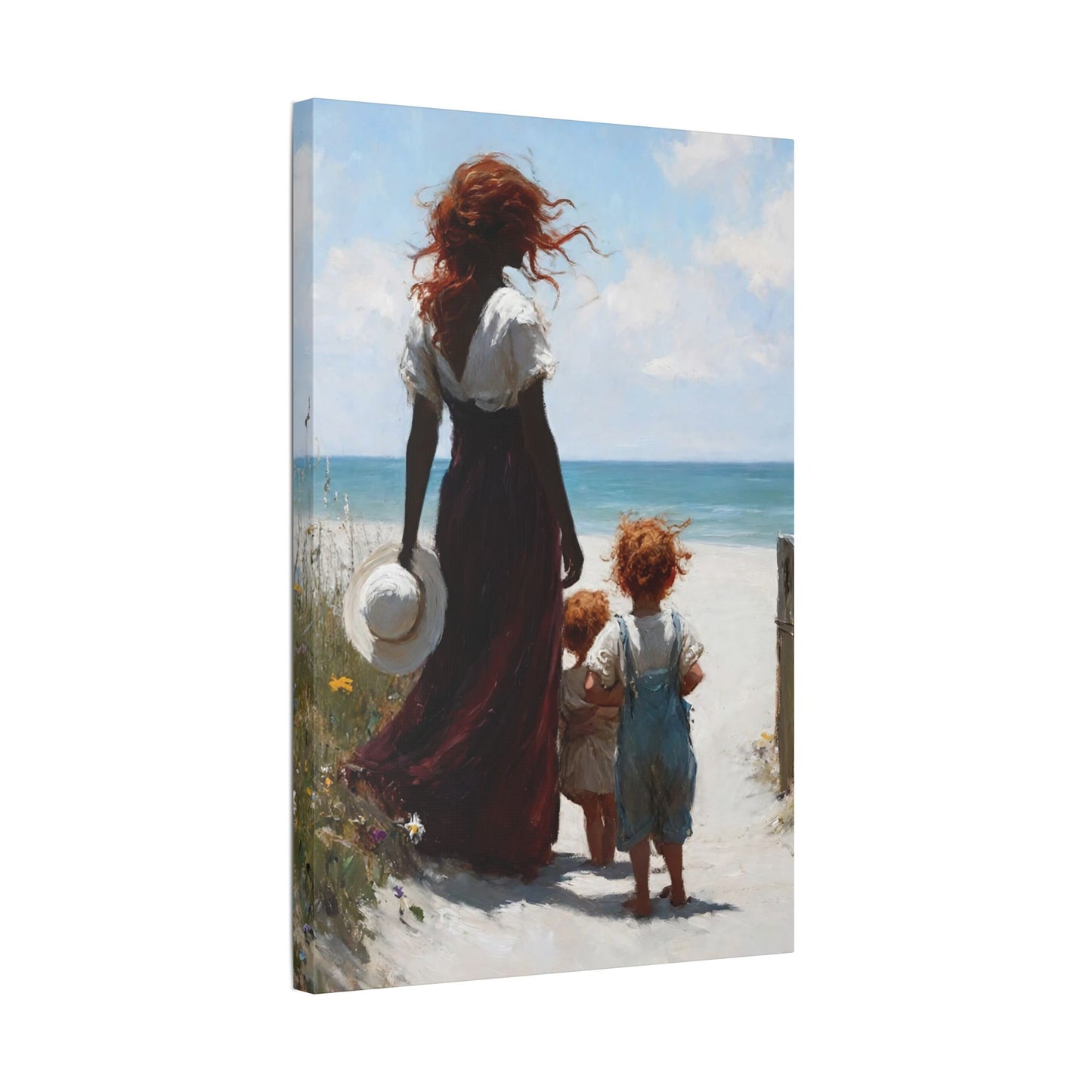 Beach Walk Canvas Print — Mother and Children Seaside Wall Art