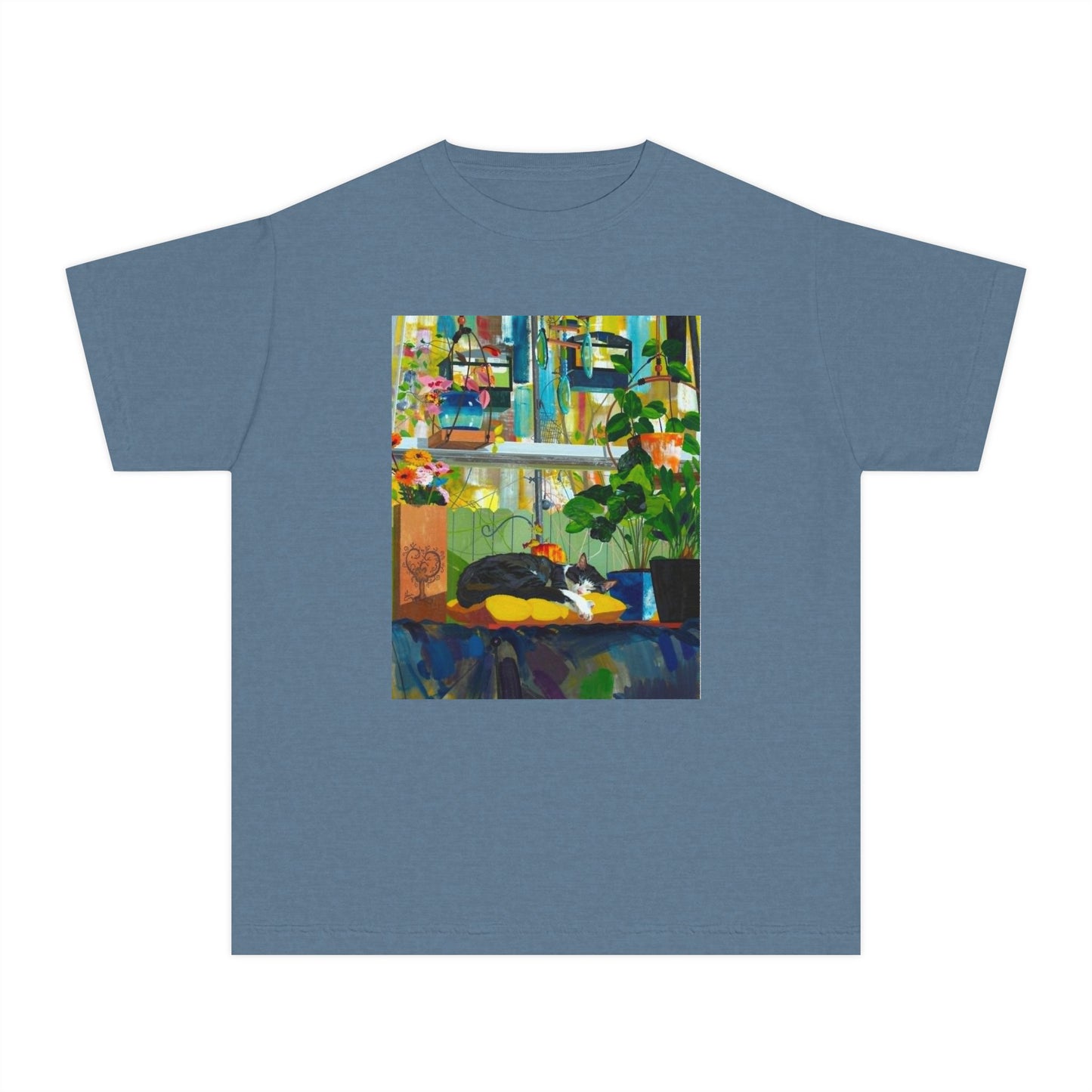 Youth Tee — Cozy Window Cat Print
