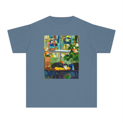 Youth Tee — Cozy Window Cat Print