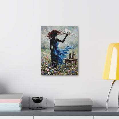 Canvas Wall Art – 'Windy Day' Woman in Blue Dress Painting (Stretched Canvas)