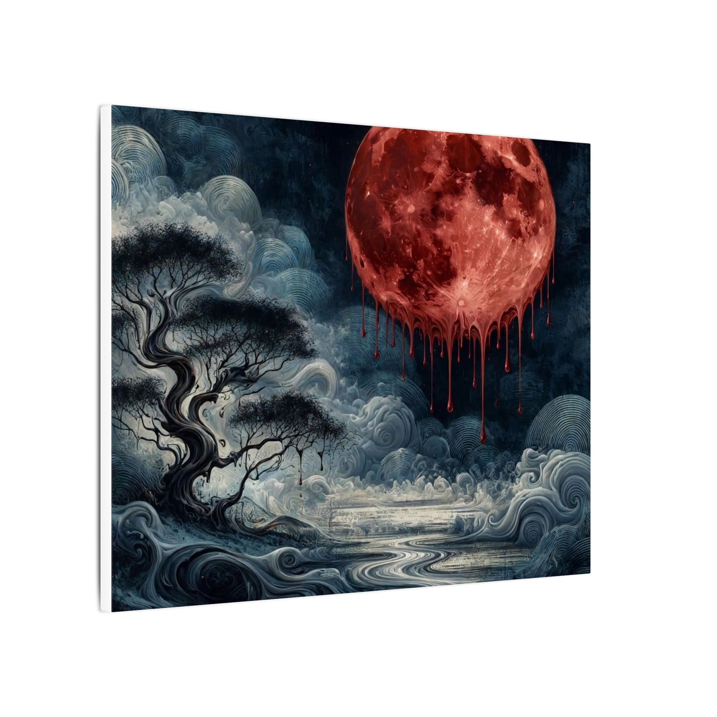 Blood Moon Canvas Art – Dripping Red Moon Over Misty Landscape, Matte Stretched Wall Art