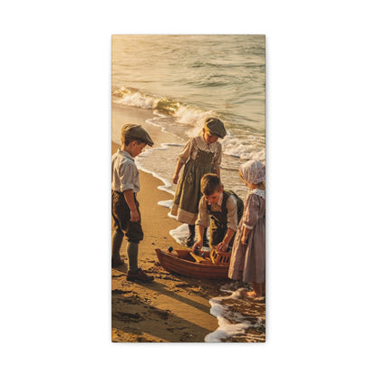 Vintage Children at the Beach Matte Canvas Wall Art (Stretched 1.25")