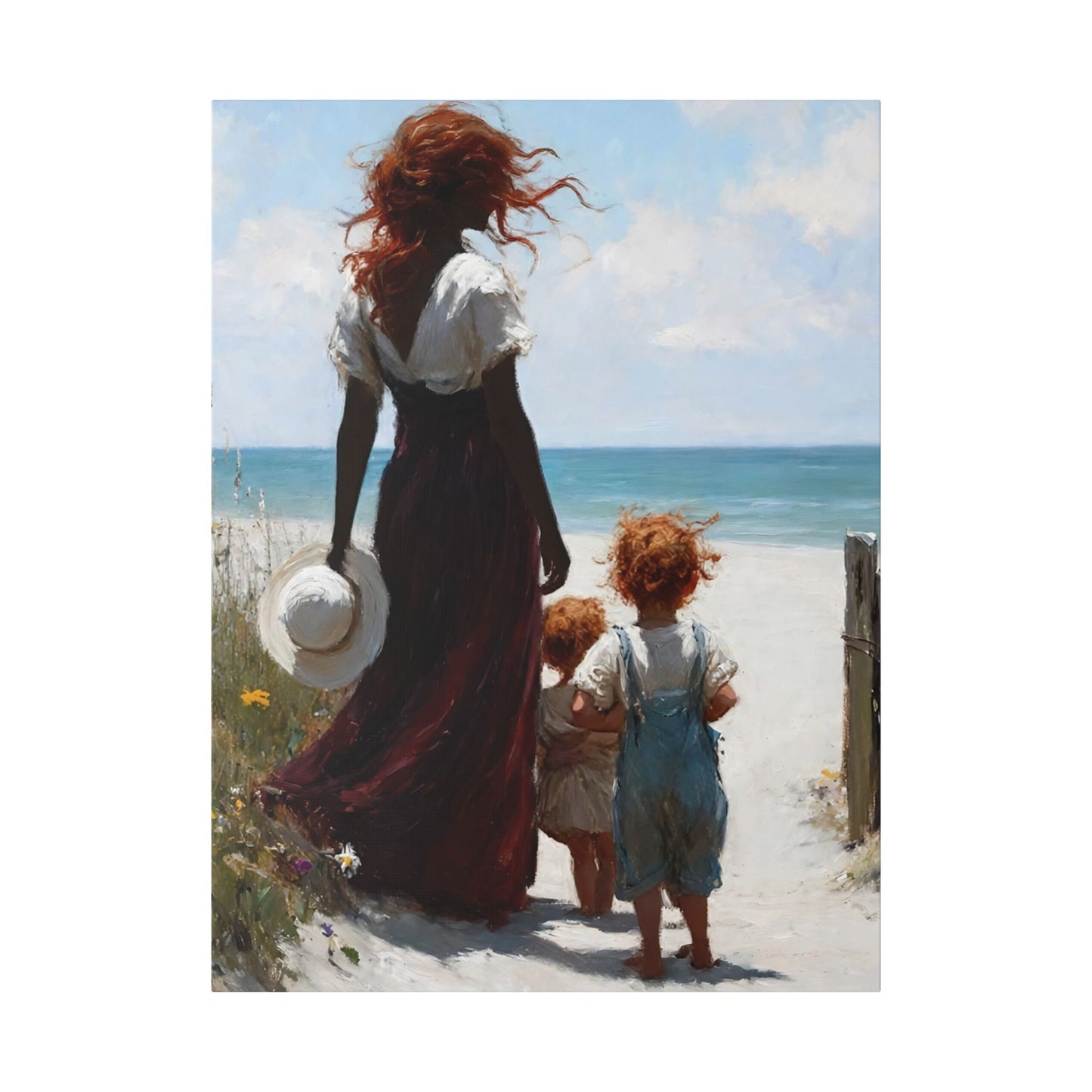 Beach Walk Canvas Print — Mother and Children Seaside Wall Art