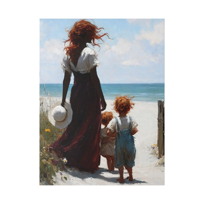 Beach Walk Canvas Print — Mother and Children Seaside Wall Art