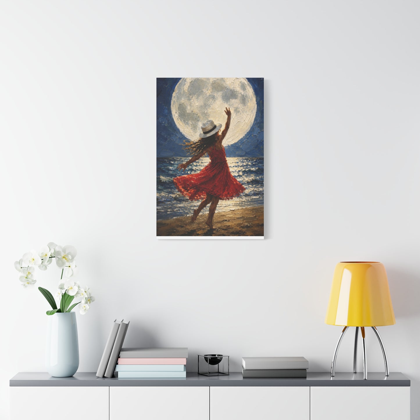 Moonlit Dance Canvas Wall Art – Woman in Red Dress Beach Painting