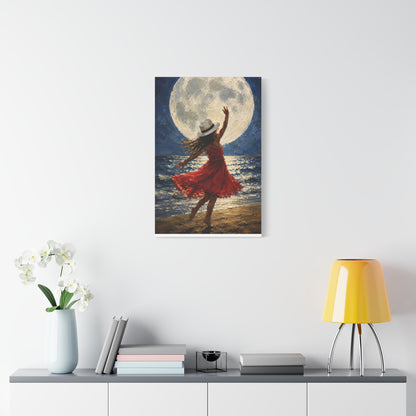 Moonlit Dance Canvas Wall Art – Woman in Red Dress Beach Painting