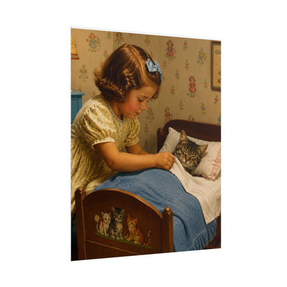 Vintage Nursery Poster — Girl Tucking Kitten into Bed (Rolled Poster)