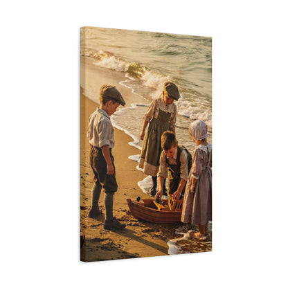 Vintage Children at the Beach Matte Canvas Wall Art (Stretched 1.25")