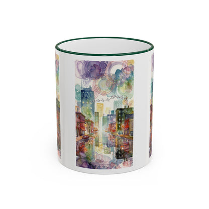 Abstract Cityscape Accent Rim Mug – Colorful Urban Watercolor Coffee Cup (11oz/15oz)