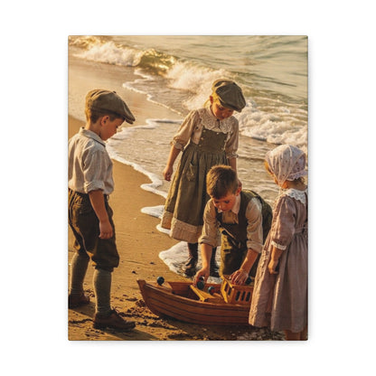 Vintage Children at the Beach Matte Canvas Wall Art (Stretched 1.25")
