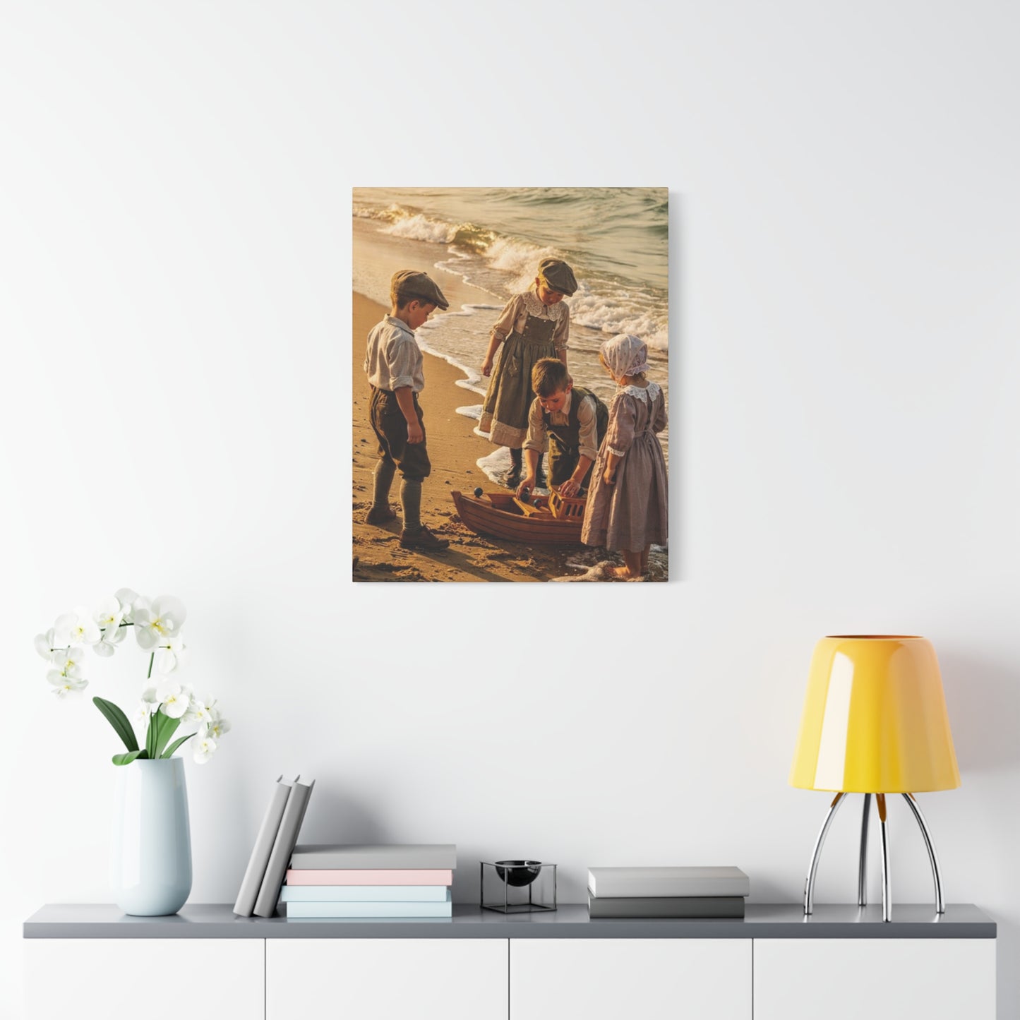 Vintage Children at the Beach Matte Canvas Wall Art (Stretched 1.25")