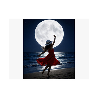Moonlight Dance Beach Poster — Woman in Red Dress Silhouette Matte Horizontal Art Print