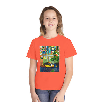 Youth Tee — Cozy Window Cat Print