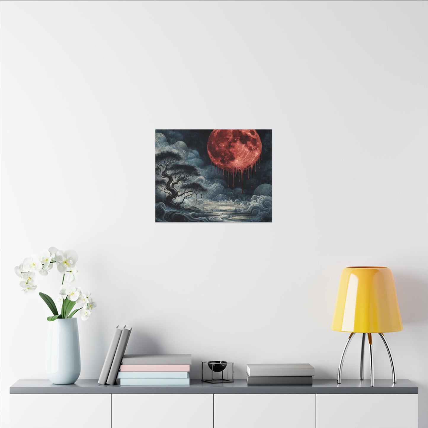 Blood Moon Canvas Art – Dripping Red Moon Over Misty Landscape, Matte Stretched Wall Art