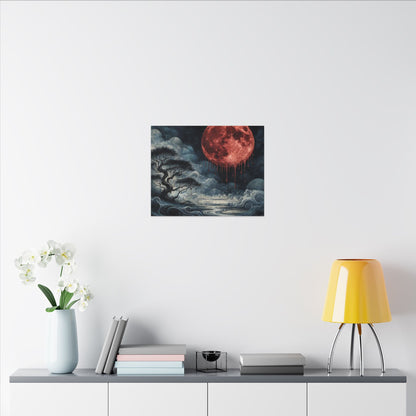 Blood Moon Canvas Art – Dripping Red Moon Over Misty Landscape, Matte Stretched Wall Art