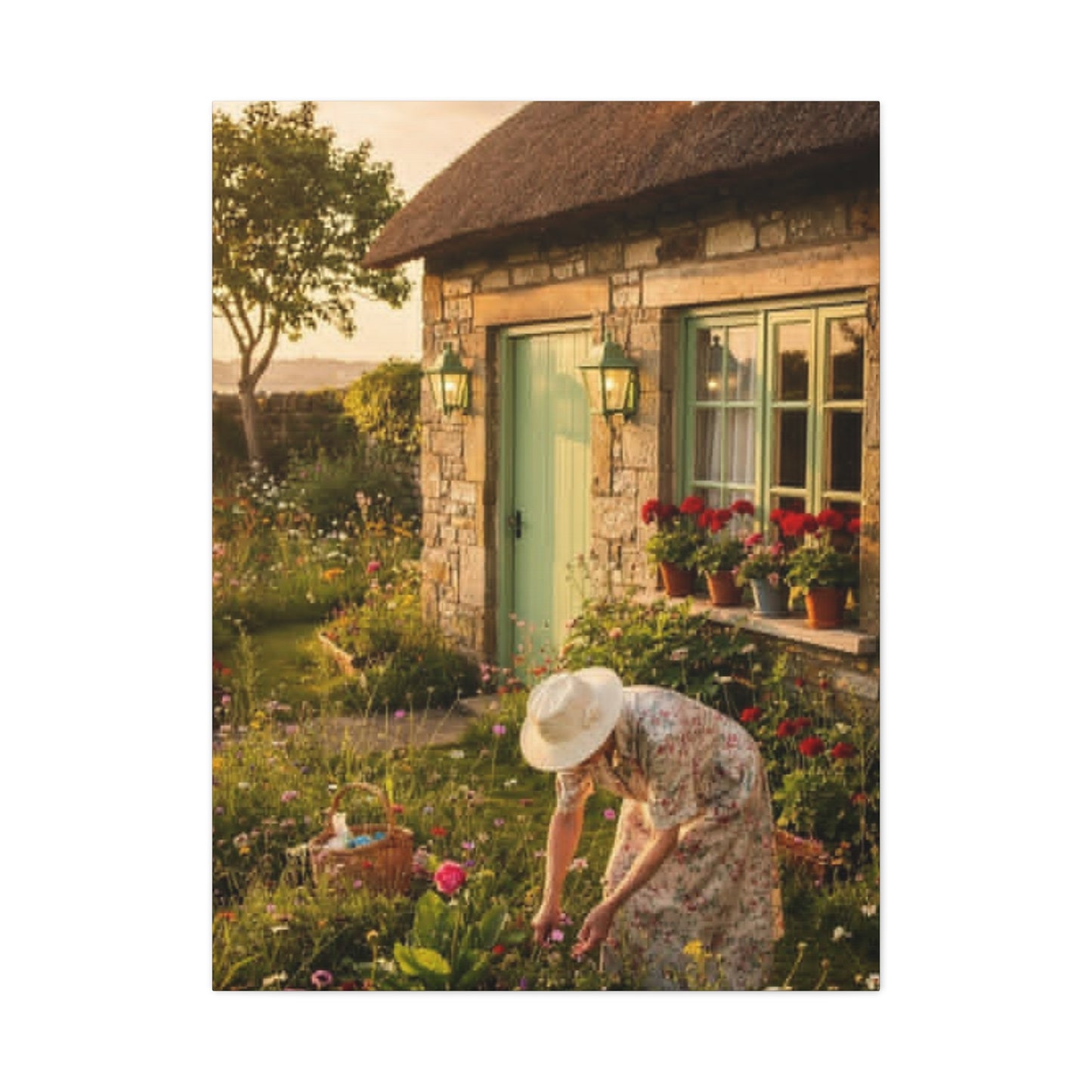 Cottage Garden Canvas Print — Woman Tending Flowers Matte Stretched Wall Art