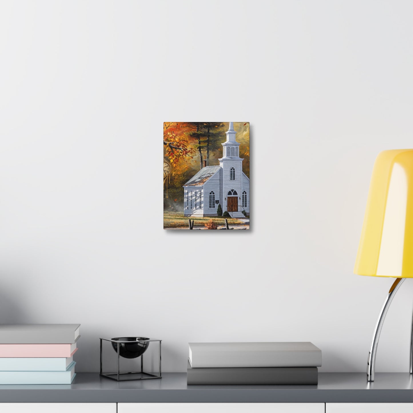 Autumn Chapel Stretched Canvas – Fall Church Wall Art