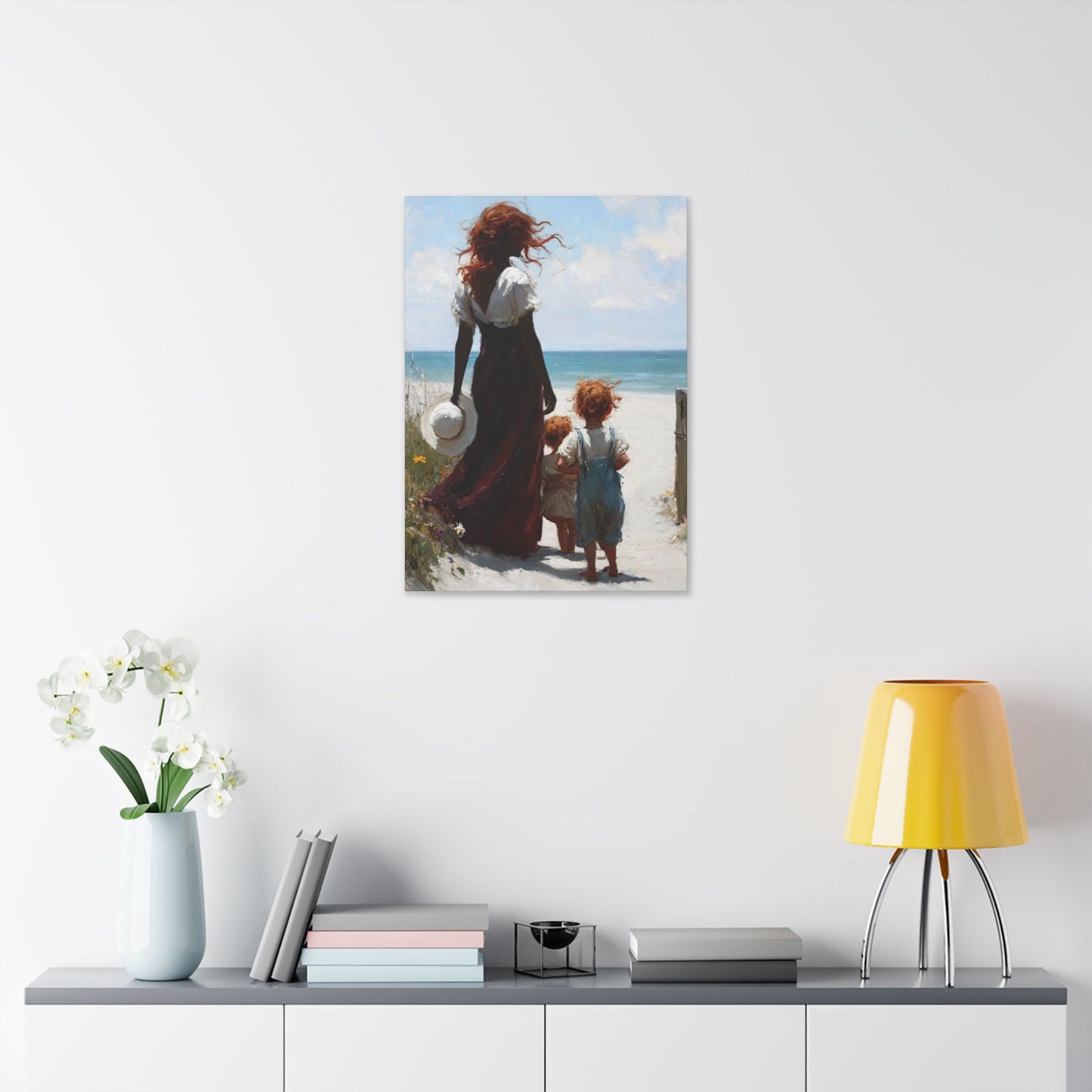 Beach Walk Canvas Print — Mother and Children Seaside Wall Art