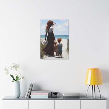 Beach Walk Canvas Print — Mother and Children Seaside Wall Art
