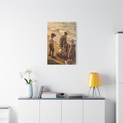 Vintage Children at the Beach Matte Canvas Wall Art (Stretched 1.25")