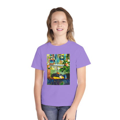 Youth Tee — Cozy Window Cat Print