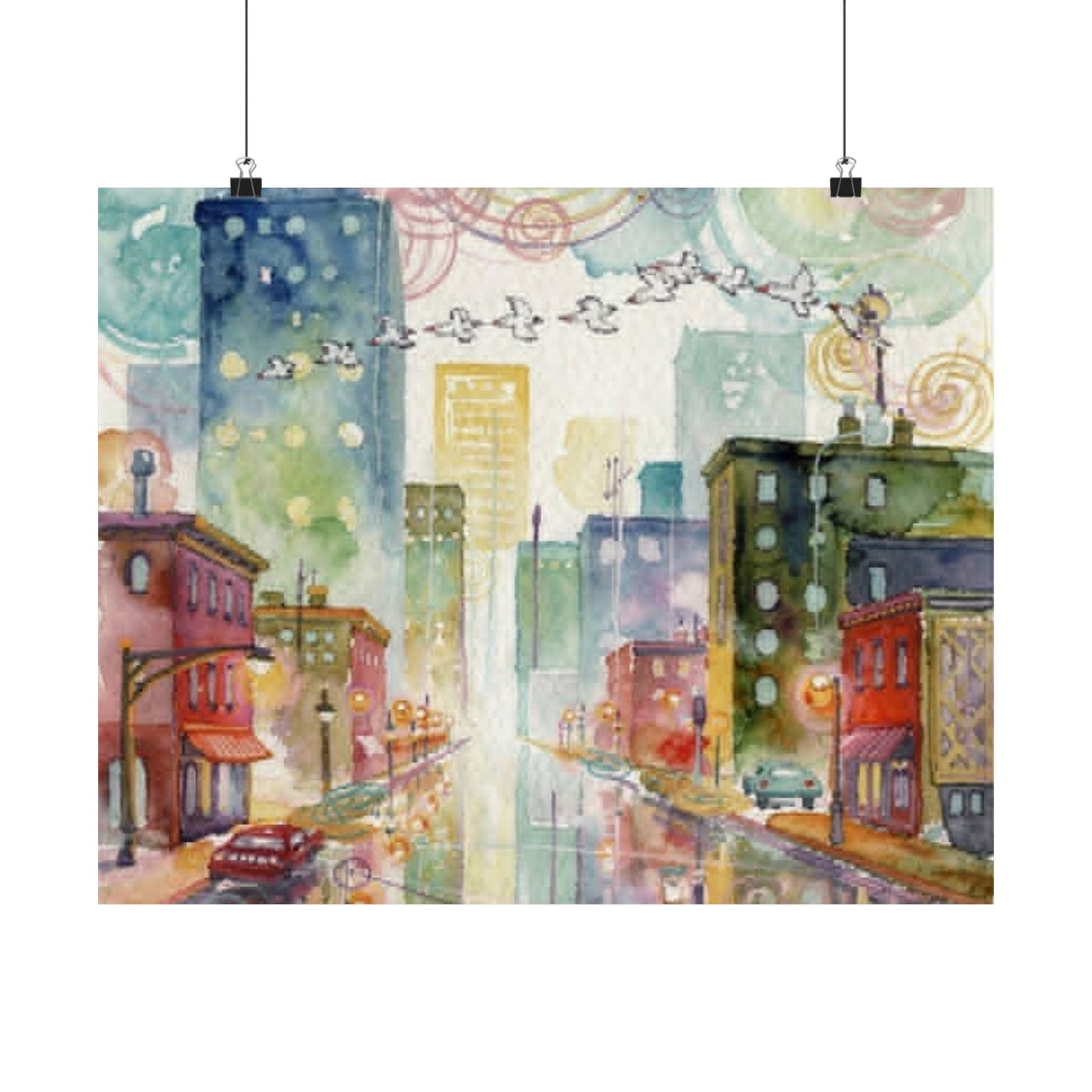Watercolor Cityscape Matte Poster — Vibrant Urban Street Art Print