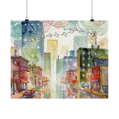 Watercolor Cityscape Matte Poster — Vibrant Urban Street Art Print