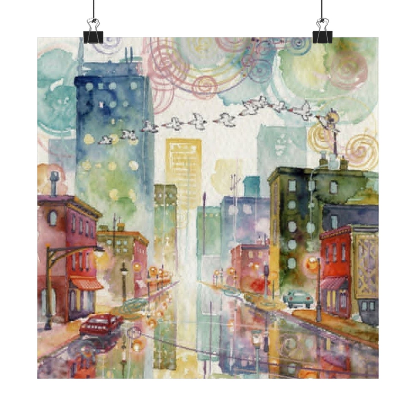 Watercolor Cityscape Matte Poster — Vibrant Urban Street Art Print