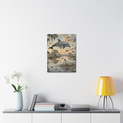 Surreal Dolphin Marsh Stretched Canvas – Dripping Sky Whales Art Print