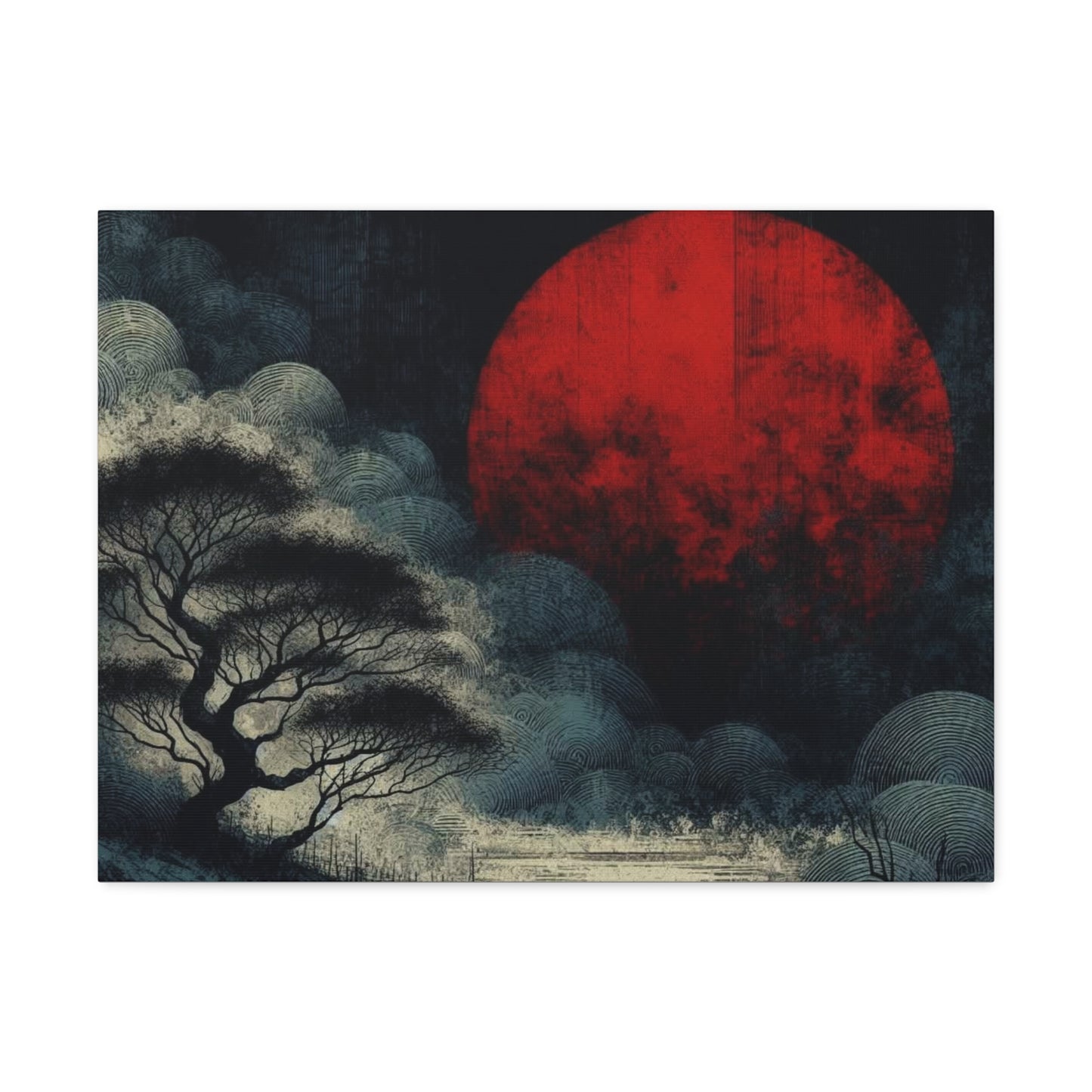 Red Moon Canvas Art — Japanese-Inspired Landscape Stretched Canvas