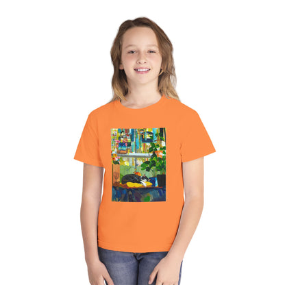 Youth Tee — Cozy Window Cat Print