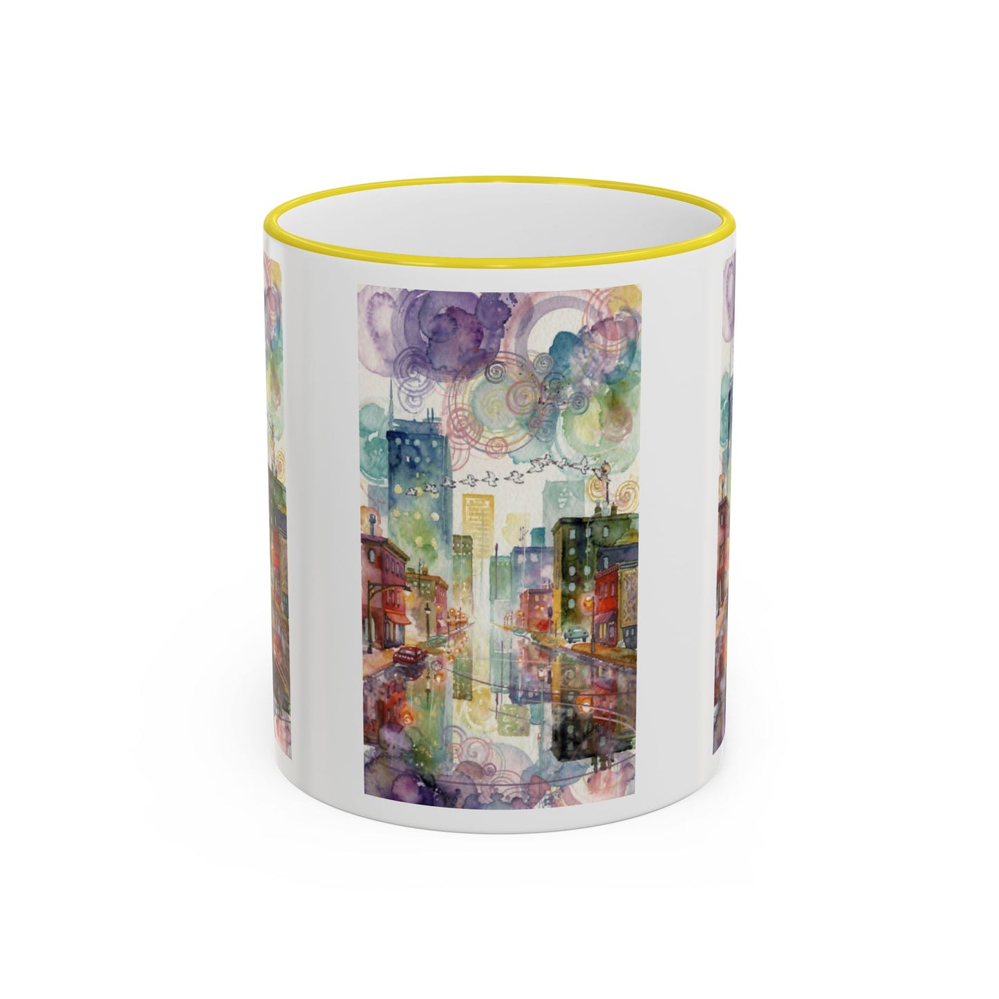Abstract Cityscape Accent Rim Mug – Colorful Urban Watercolor Coffee Cup (11oz/15oz)