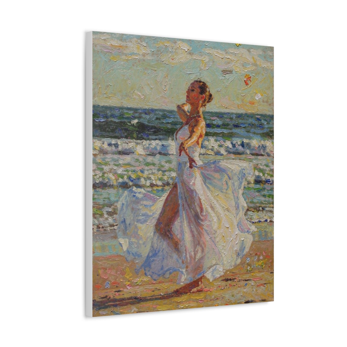 Beach Stroll Canvas Print — Woman in Flowing White Dress Seaside Wall Art