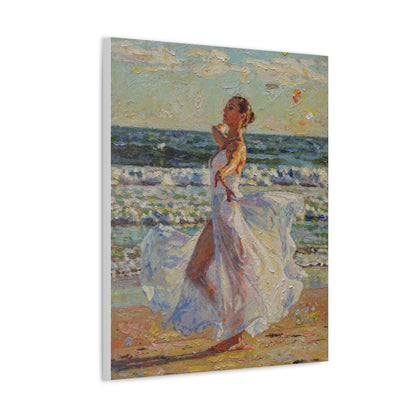 Beach Stroll Canvas Print — Woman in Flowing White Dress Seaside Wall Art