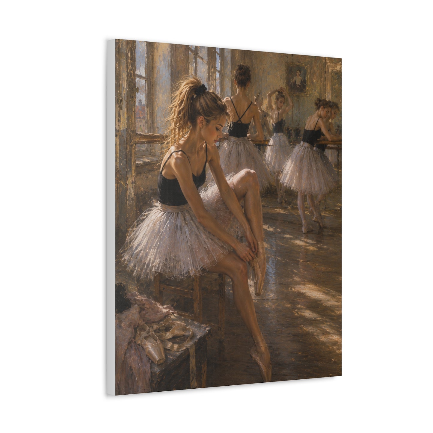 Ballet Dancers Stretched Canvas Art – Elegant Ballerina Rehearsal Wall Decor