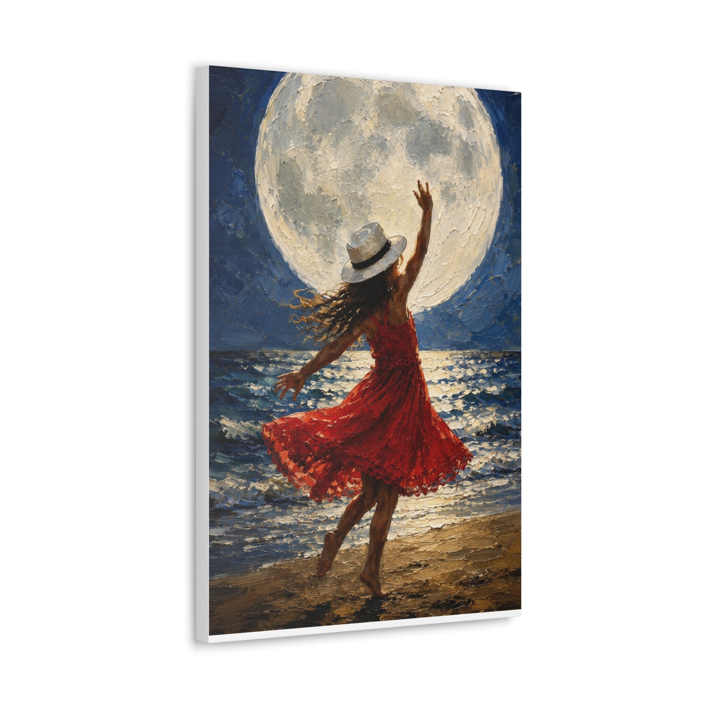 Moonlit Dance Canvas Wall Art – Woman in Red Dress Beach Painting