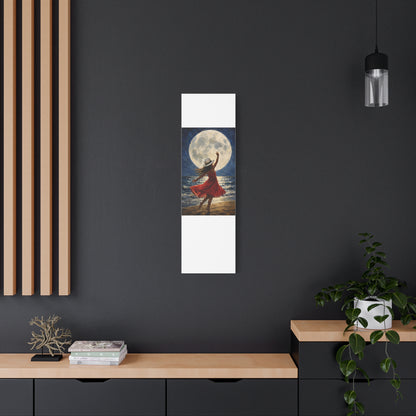 Moonlit Dance Canvas Wall Art – Woman in Red Dress Beach Painting