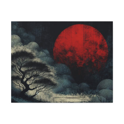 Red Moon Canvas Art — Japanese-Inspired Landscape Stretched Canvas