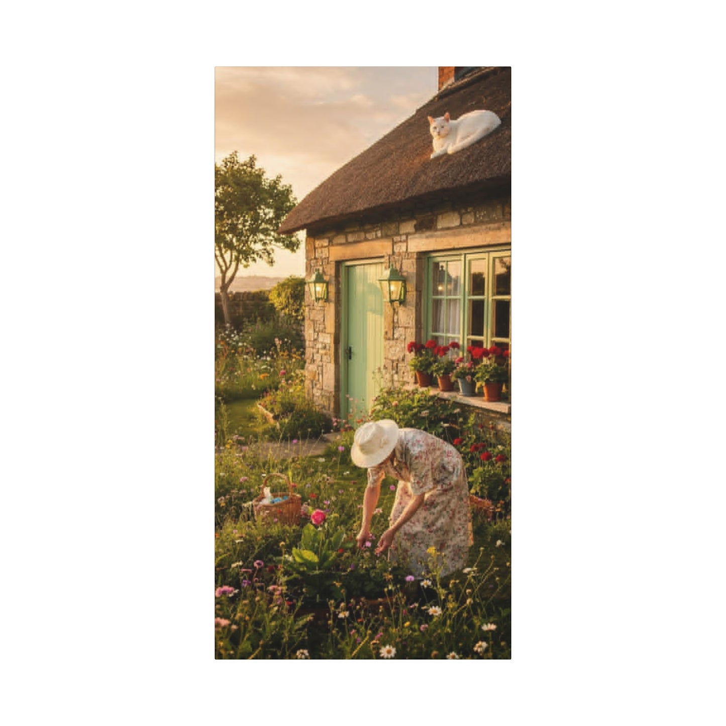 Cottage Garden Canvas Print — Woman Tending Flowers Matte Stretched Wall Art
