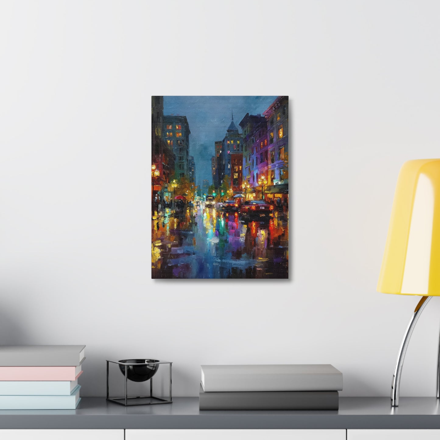 City Nightscape Stretched Canvas – Vibrant Rainy Street Urban Wall Art