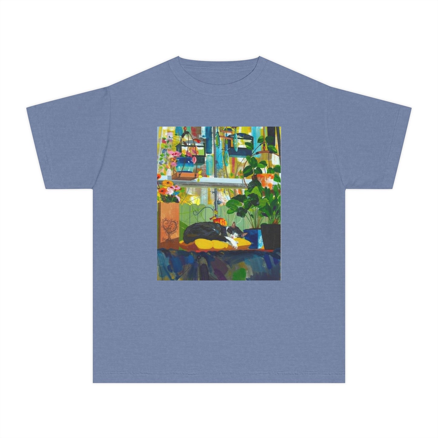 Youth Tee — Cozy Window Cat Print
